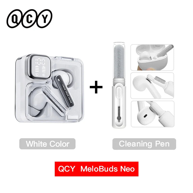 White earbuds with charging case and cleaning pen.