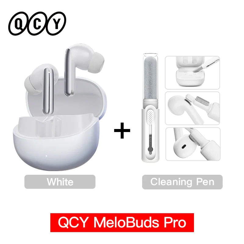 White earbuds with charging case and cleaning pen.