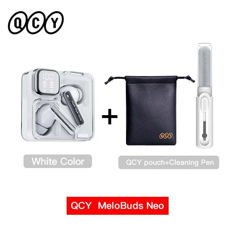 White earbuds with charging case, pouch, and cleaning pen.