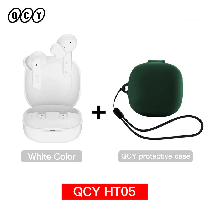 White earbuds with charging case and protective case.
