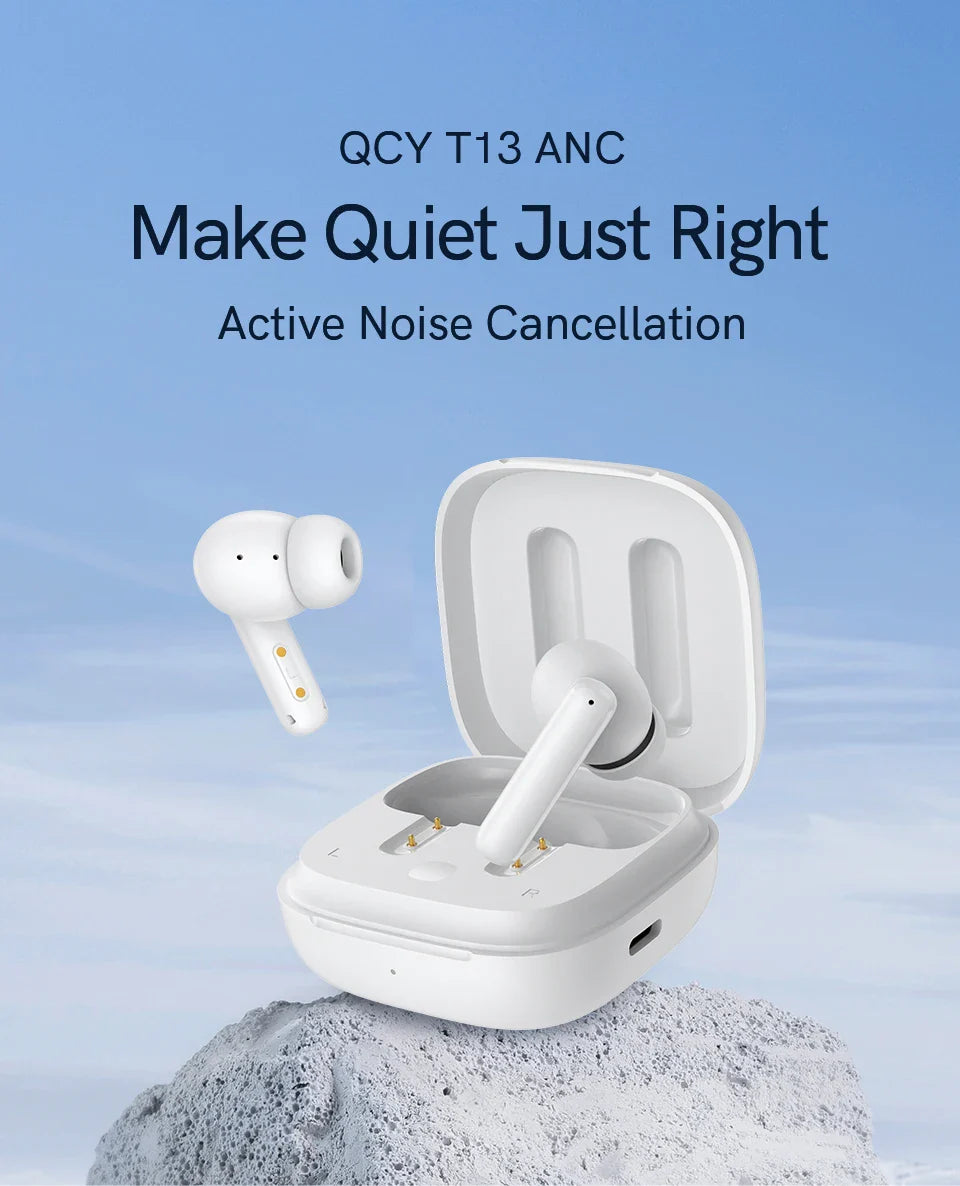 White noise-canceling earbuds and charging case.