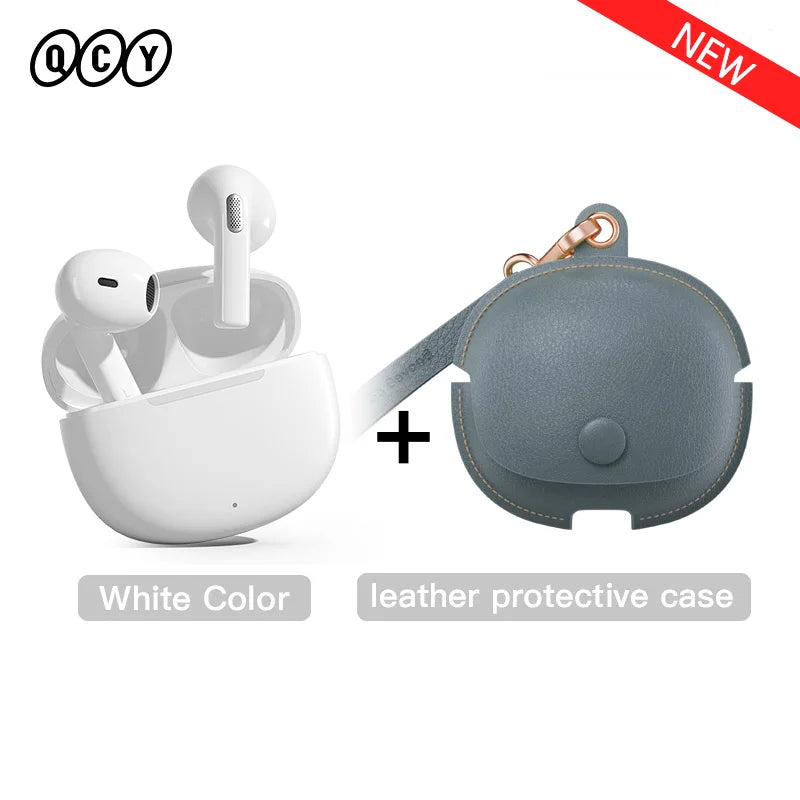 White earbuds with gray leather case.