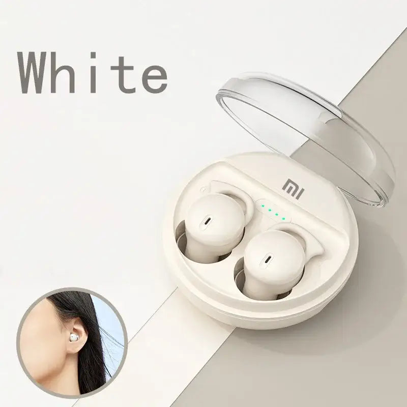 There is a white earphone with a picture of a woman