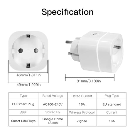 White EU smart plug with specifications.