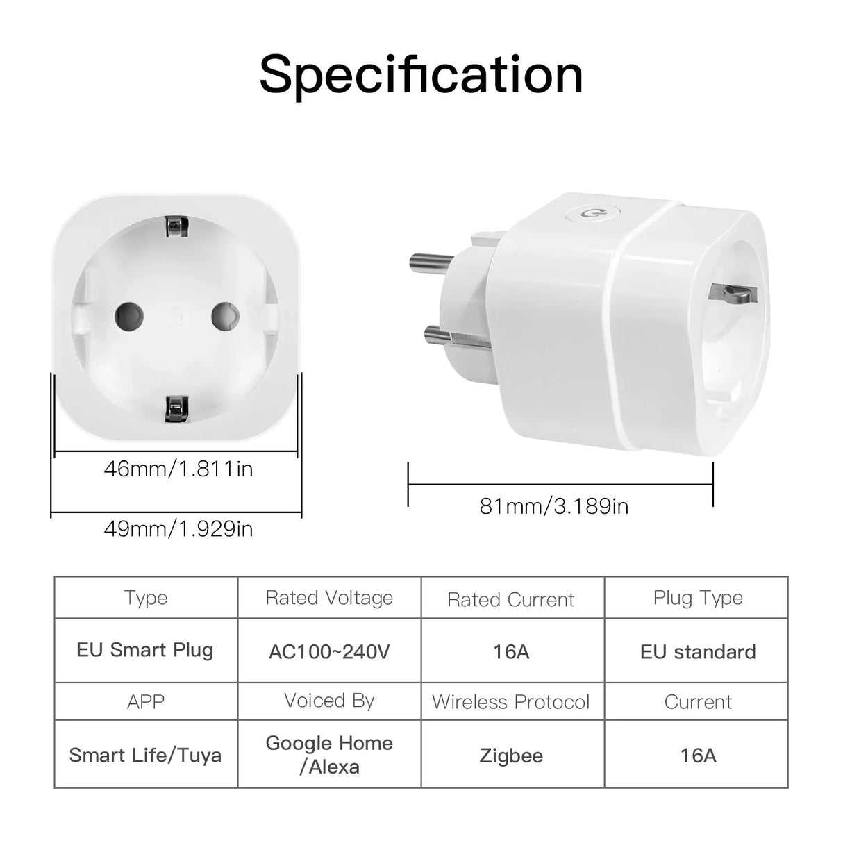 White EU smart plug with specifications.