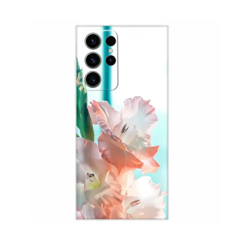 the back of a white and pink flower phone case