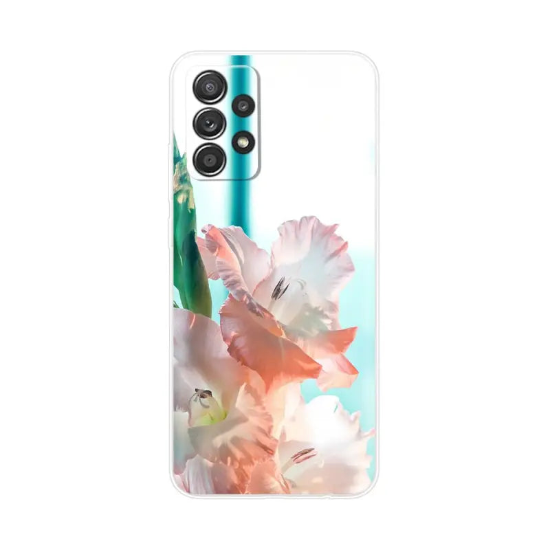 the back of a white and pink flower case