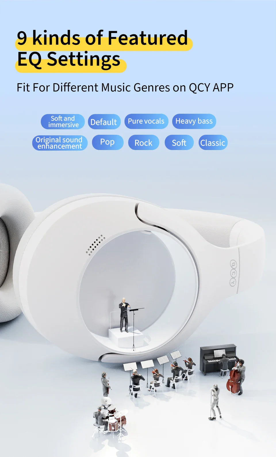 White headphones with miniature orchestra.