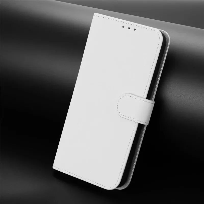 White leather phone wallet case with magnetic clasp.