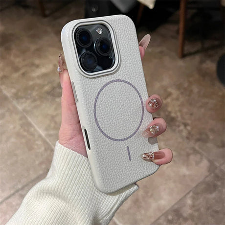White leather-textured iPhone case.