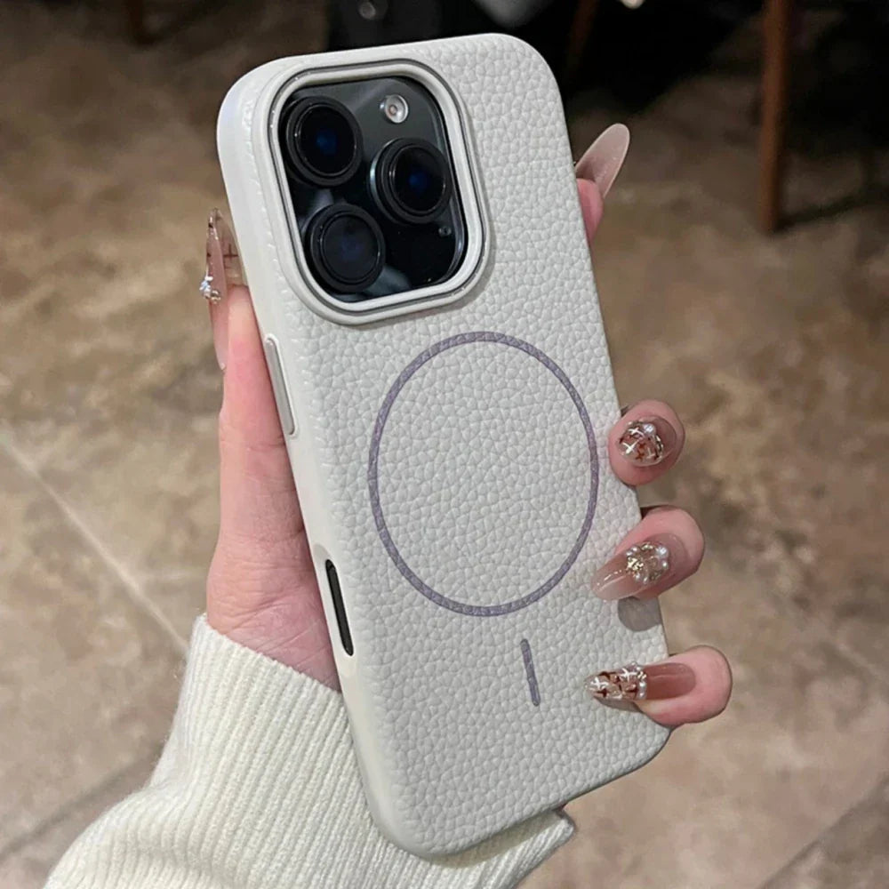 White leather-textured phone case.
