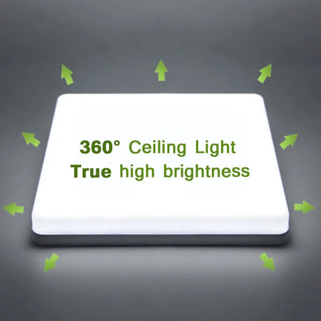 a white light with green arrows pointing up to the words,’360 ceiling light ’