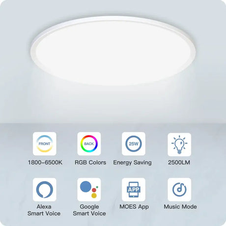 a white ceiling light with various icons
