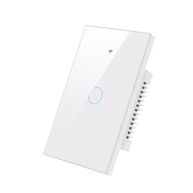 A white light switch with a blue button on it