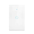 A white light switch with a blue button
