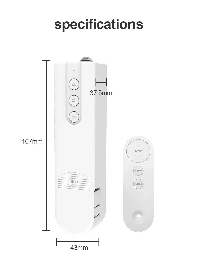 White motorized blind remote with dimensions.