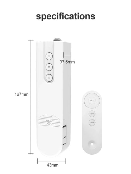 White motorized blind remote with dimensions.
