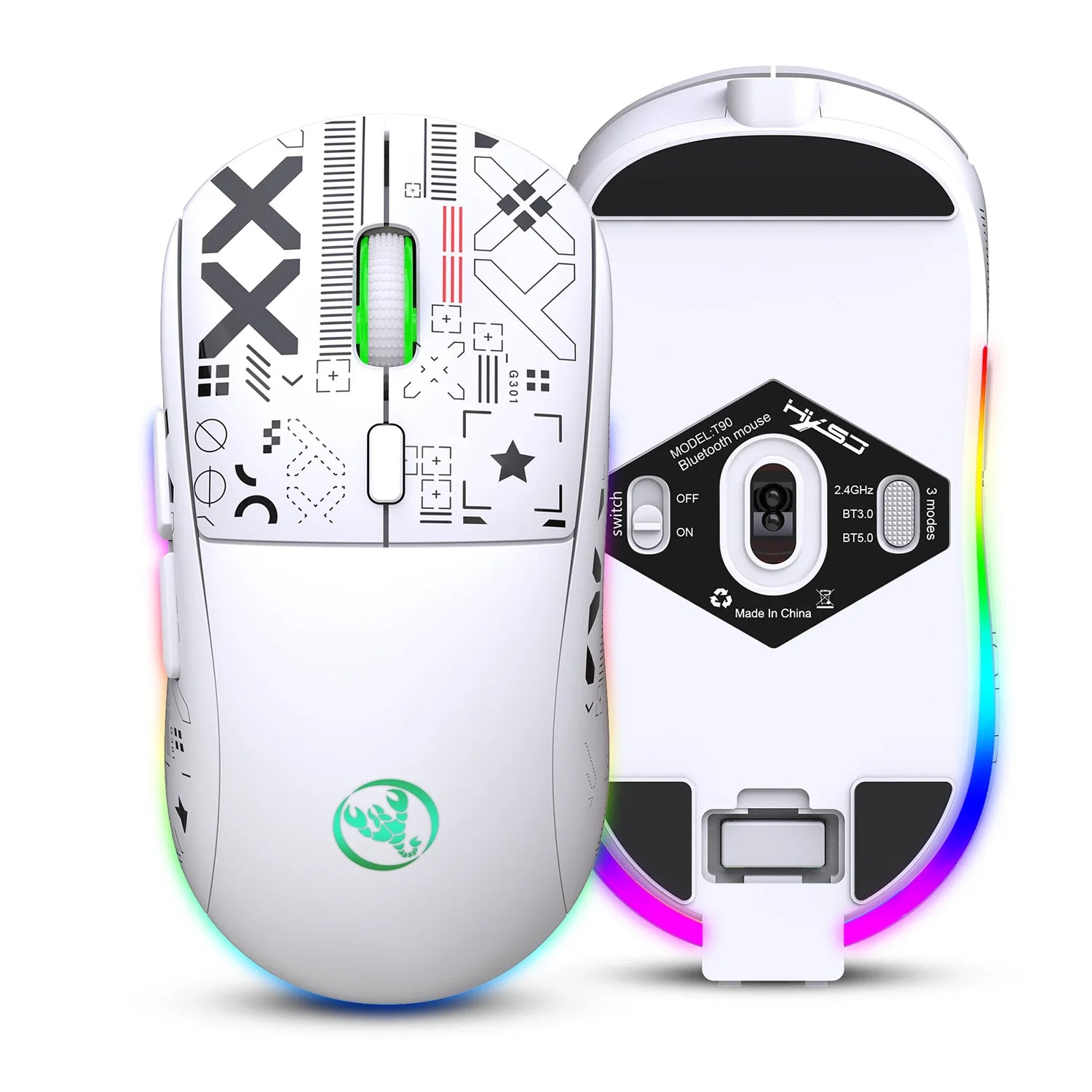 White gaming mouse with colorful LED lighting and customizable buttons.