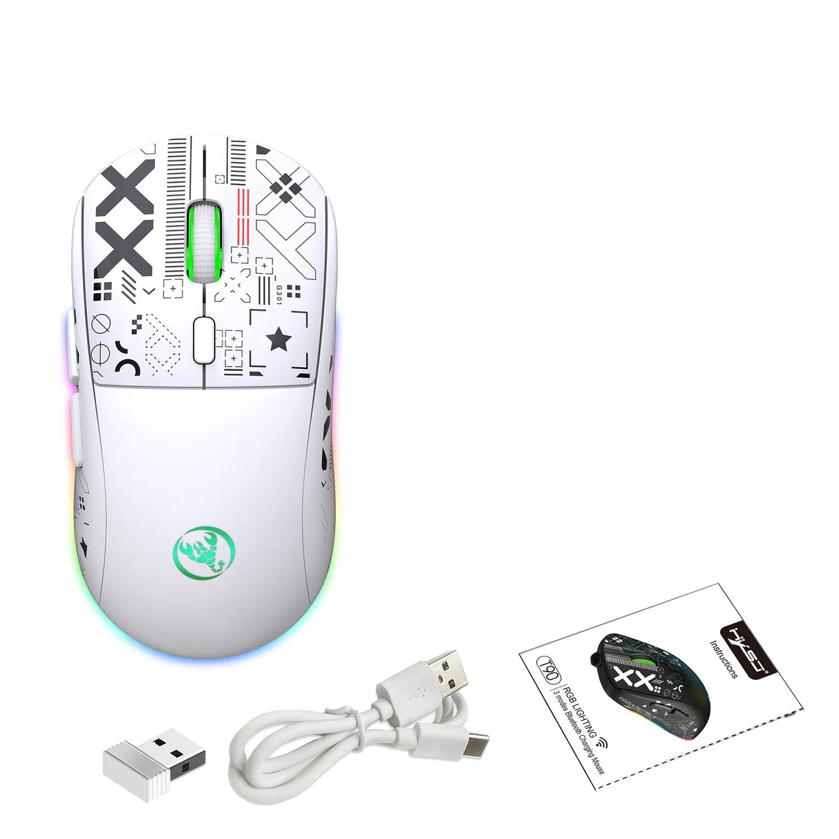 White gaming mouse with customized button symbols and RGB lighting.