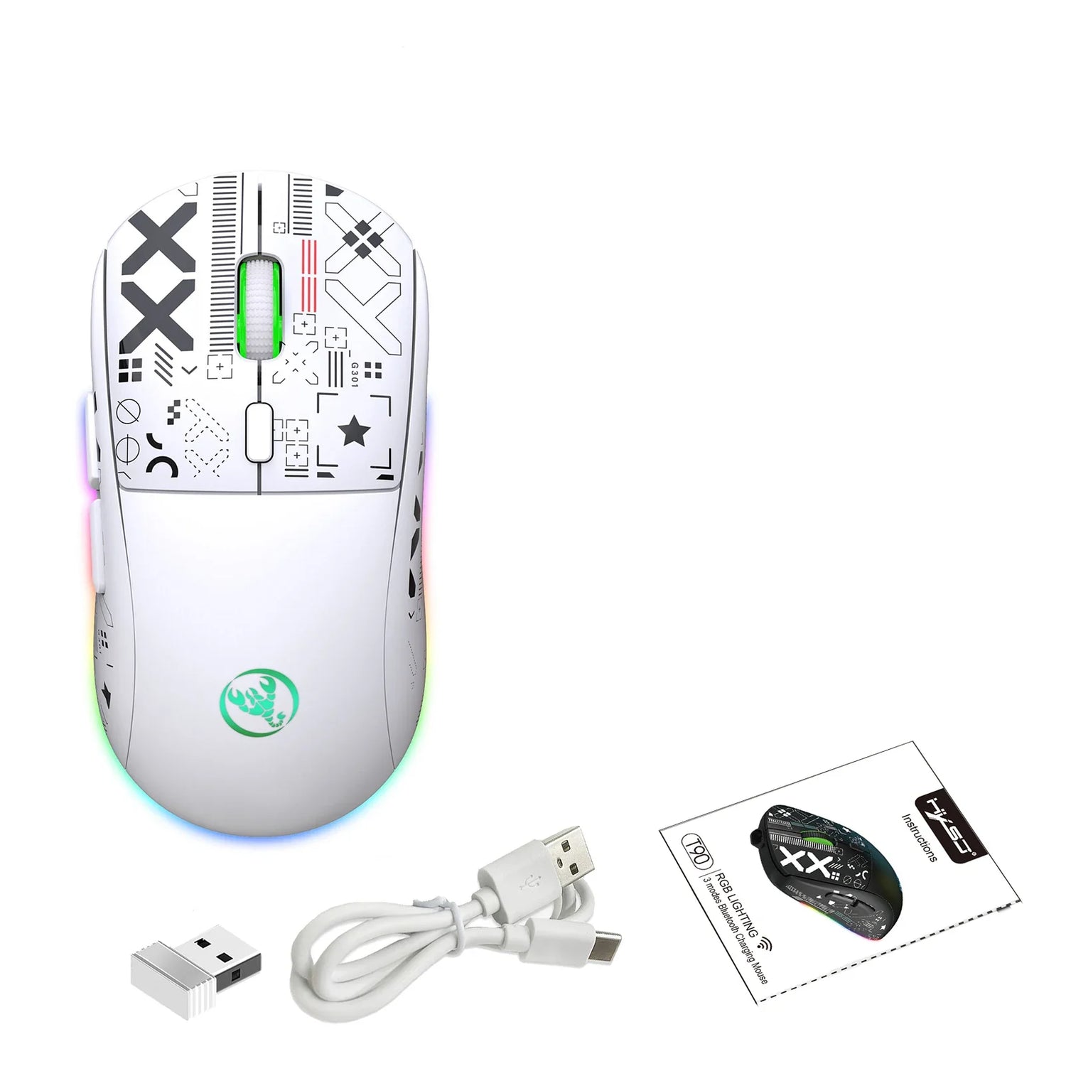White gaming mouse with customized button symbols and RGB lighting.