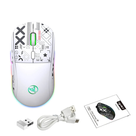 White gaming mouse with customized button symbols and RGB lighting.