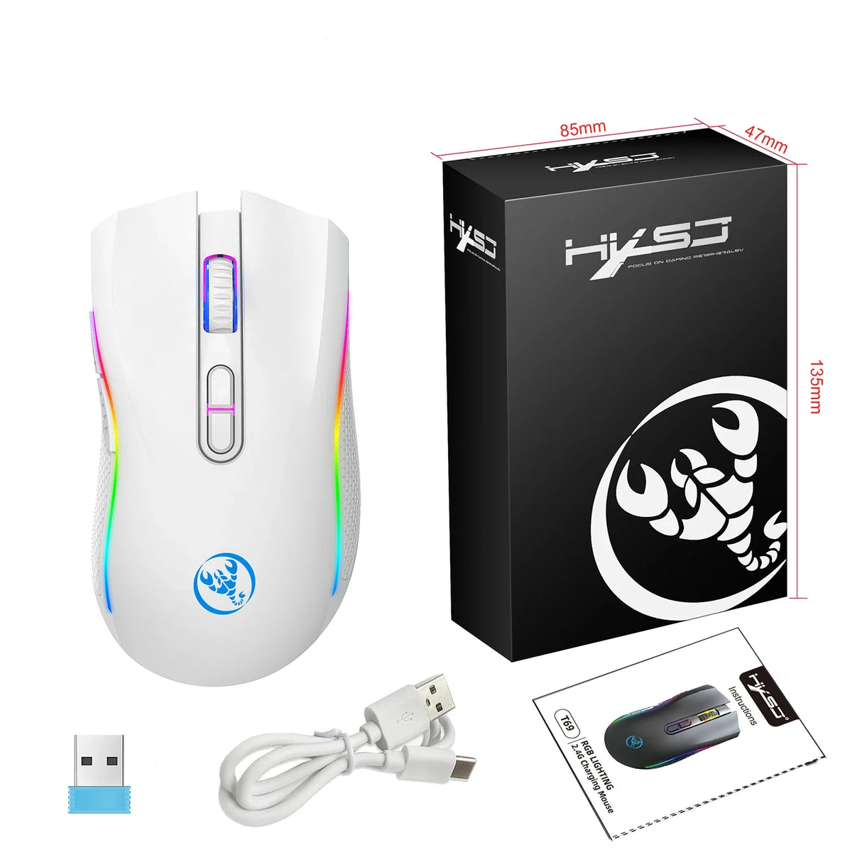 White gaming mouse with RGB lighting and a blue logo.