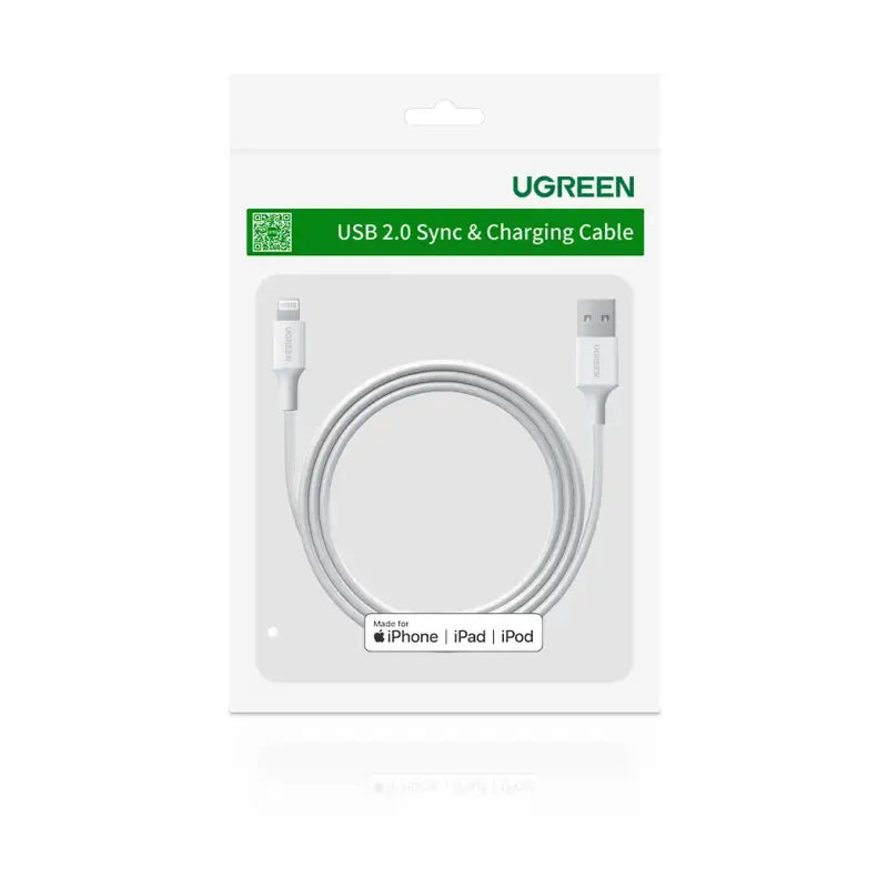 A white packaging of a usb cable and charging cable