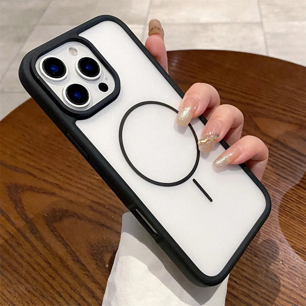 White phone case with black trim and MagSafe circle.