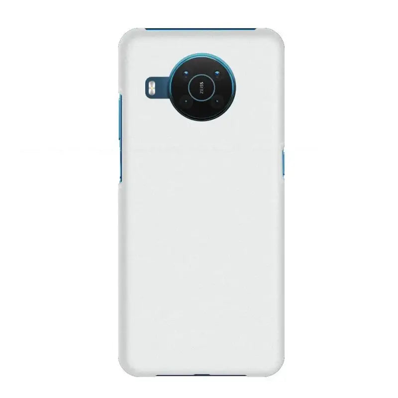 the back of a white phone case with a blue ring