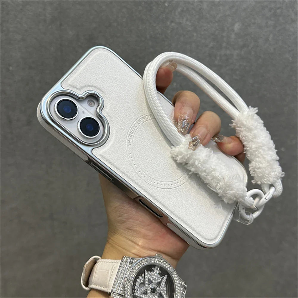 White phone case with fluffy strap.