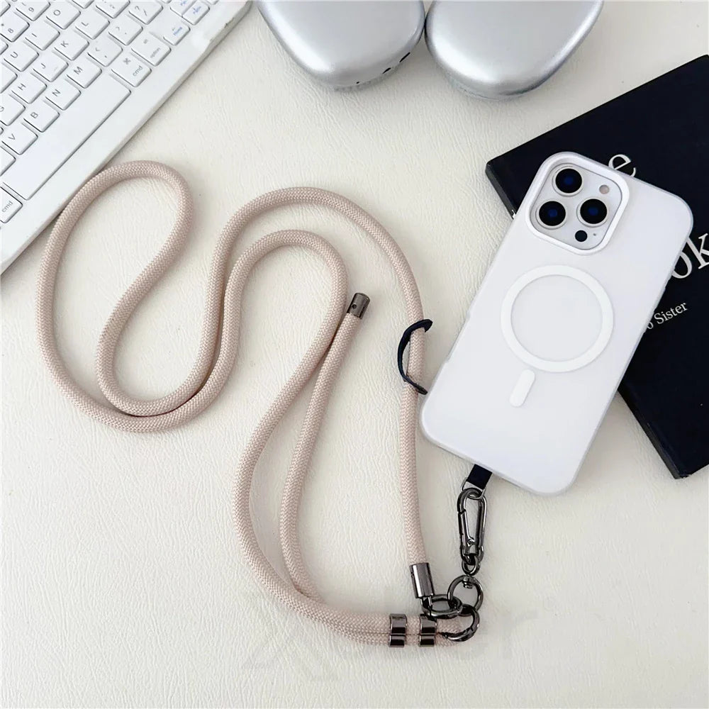 White phone case with lanyard.