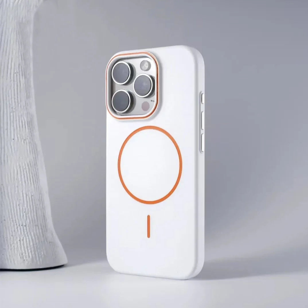 White phone case with orange accents.
