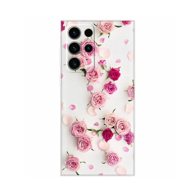 pink roses and white petals on a white background