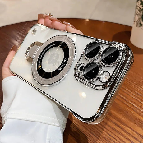 White phone case with silver accents and ring stand.