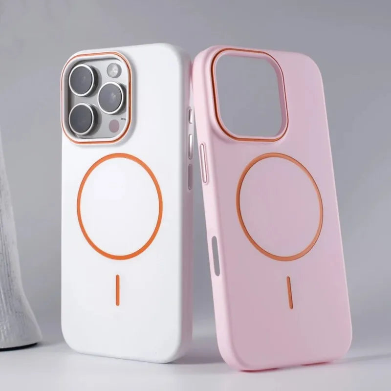 White and pink iPhone cases with MagSafe compatibility.