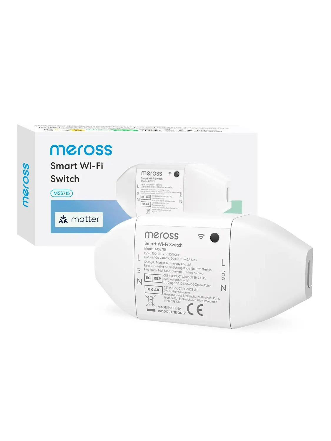 White plastic meross matter smart wi-fi switch with energy monitor showing matte finish and labeled ports on back side