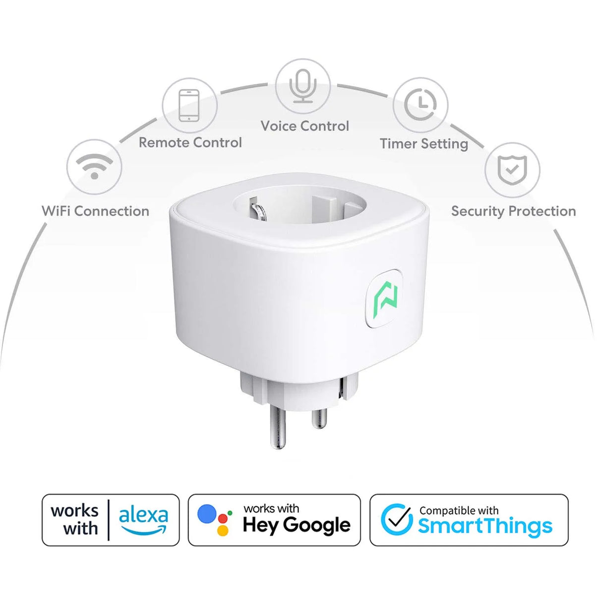 a white plug with various icons surrounding it and a phone