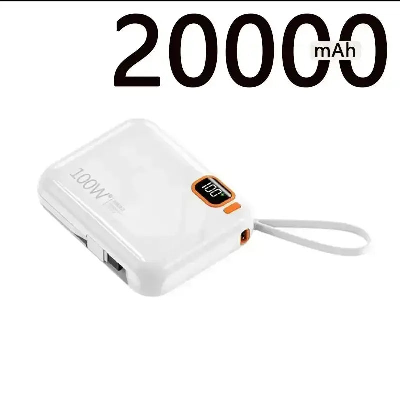 a white power bank with a black and white logo