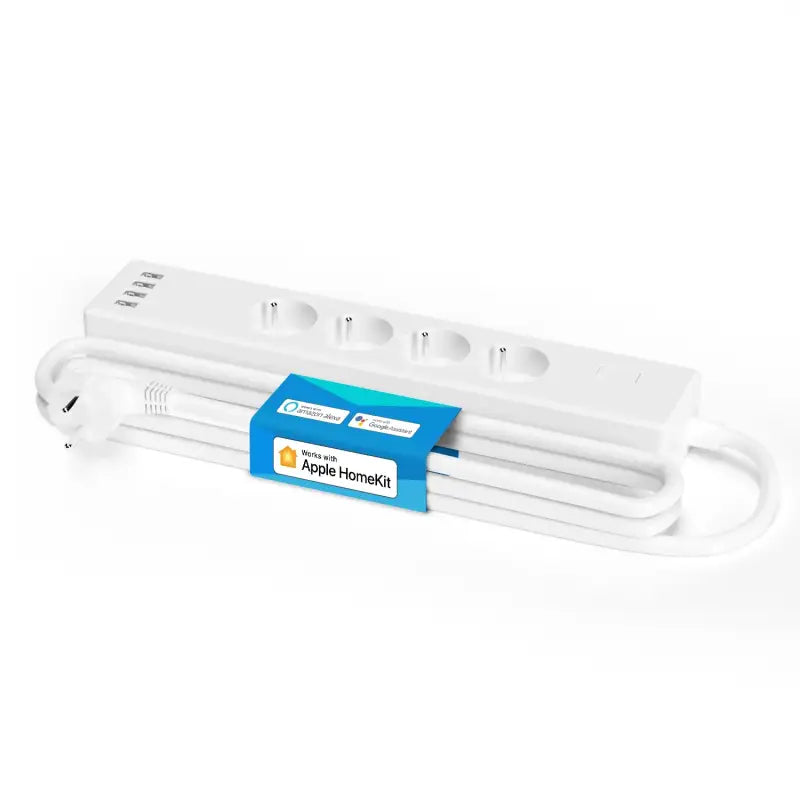 A white printer with a blue label on it