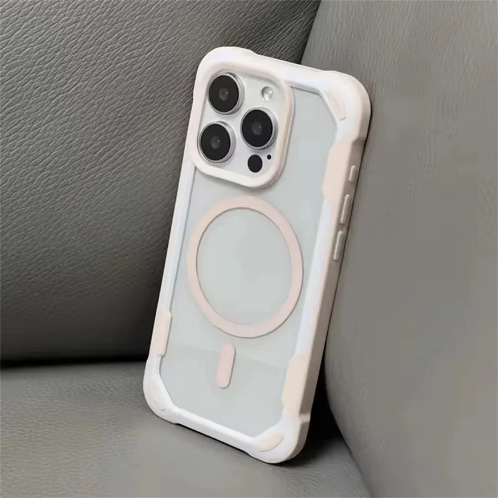 White protective phone case with a clear back and a visible MagSafe ring.