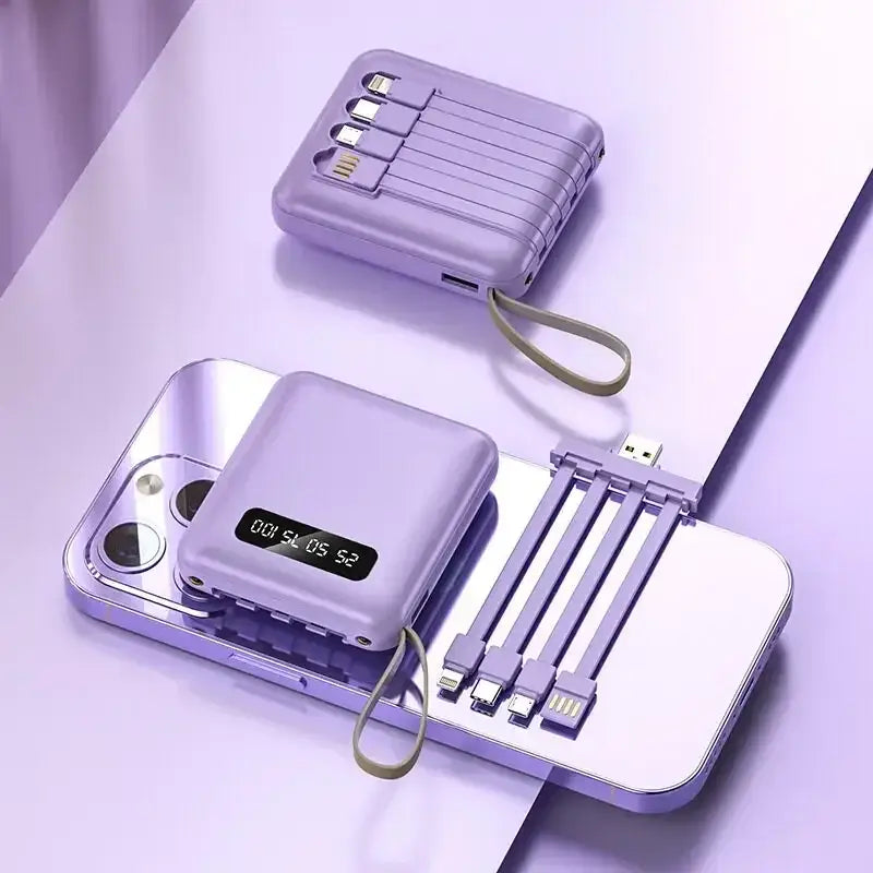 a white and purple phone with a charging charger