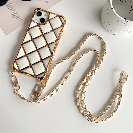 White quilted phone case with gold chain strap.