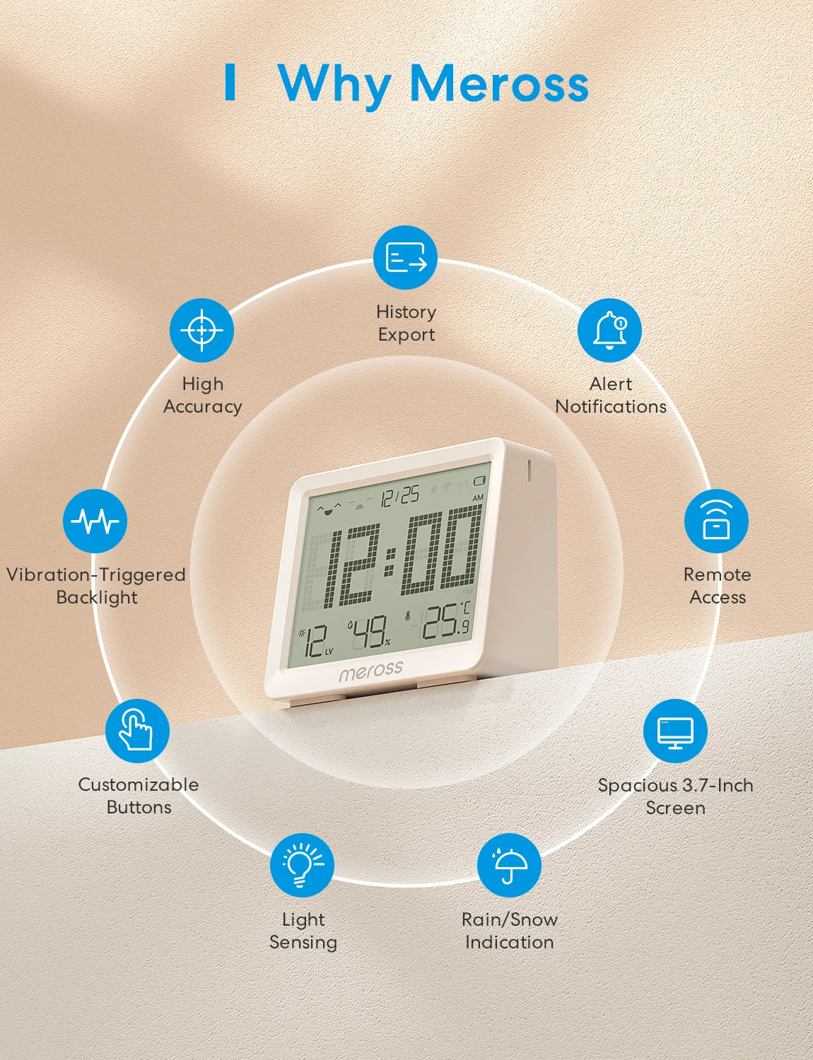 White rectangular meross wifi smart weather station with digital display showing time temperature and humidity