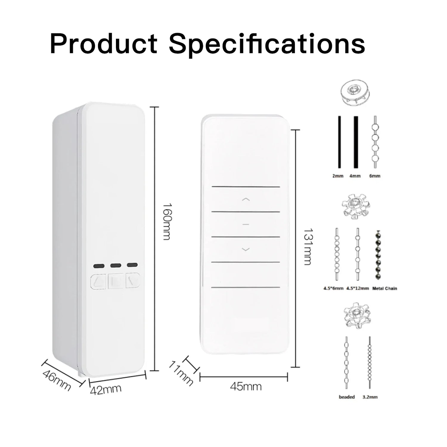 White remote control and motor dimensions.