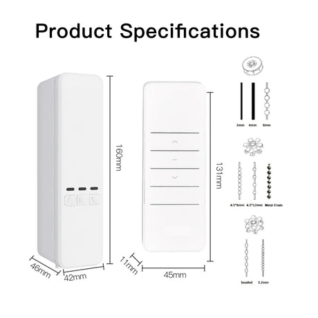 White remote control and motor dimensions.