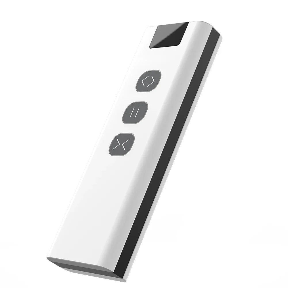 White remote control with three gray buttons.