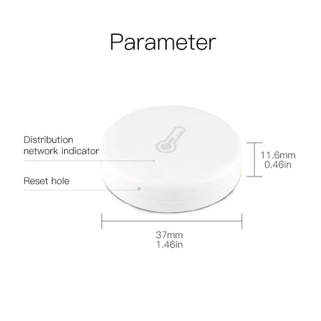 White, round, electronic device with dimensions.