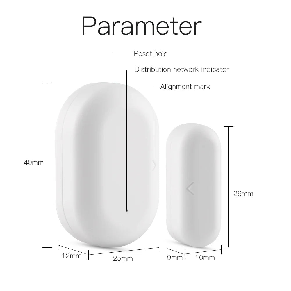White, rounded, rectangular sensor with dimensions.