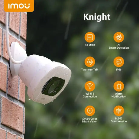 a white security camera mounted on a brick wall
