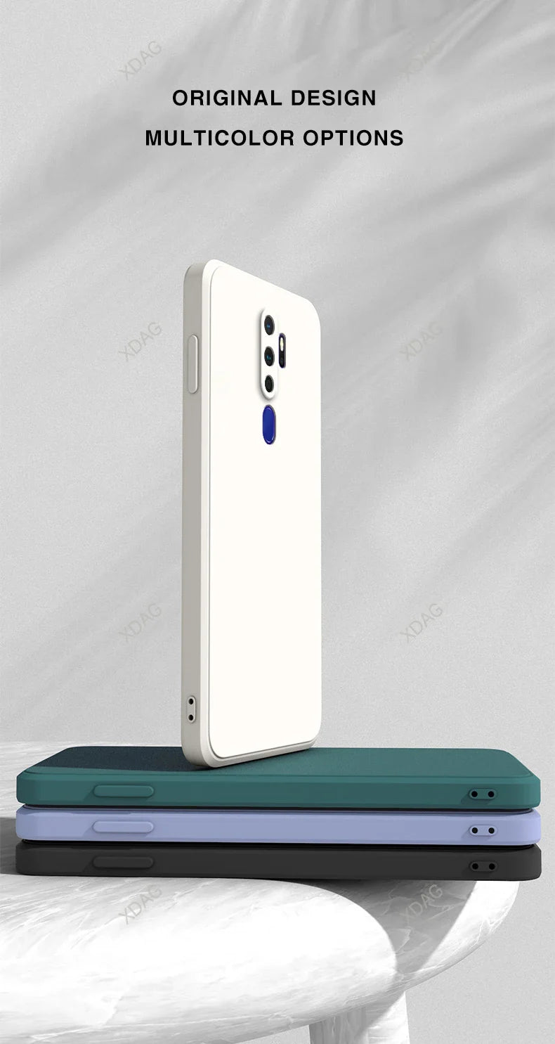 White straight edge silicone phone case with blue camera cutout for oppo a5 a9 a11 a11x 5g showing back side